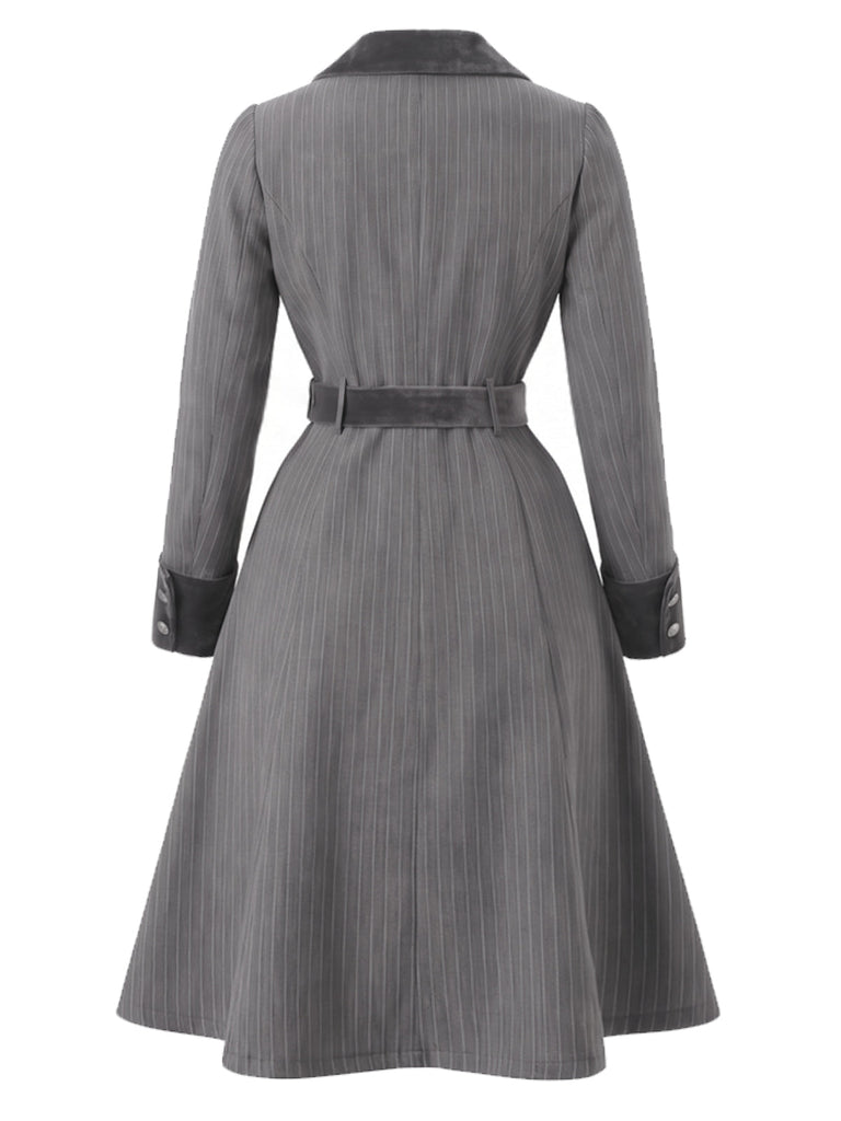 [Prévente] Robe gris foncé rayée à col V, nœud et ceinture années 1950