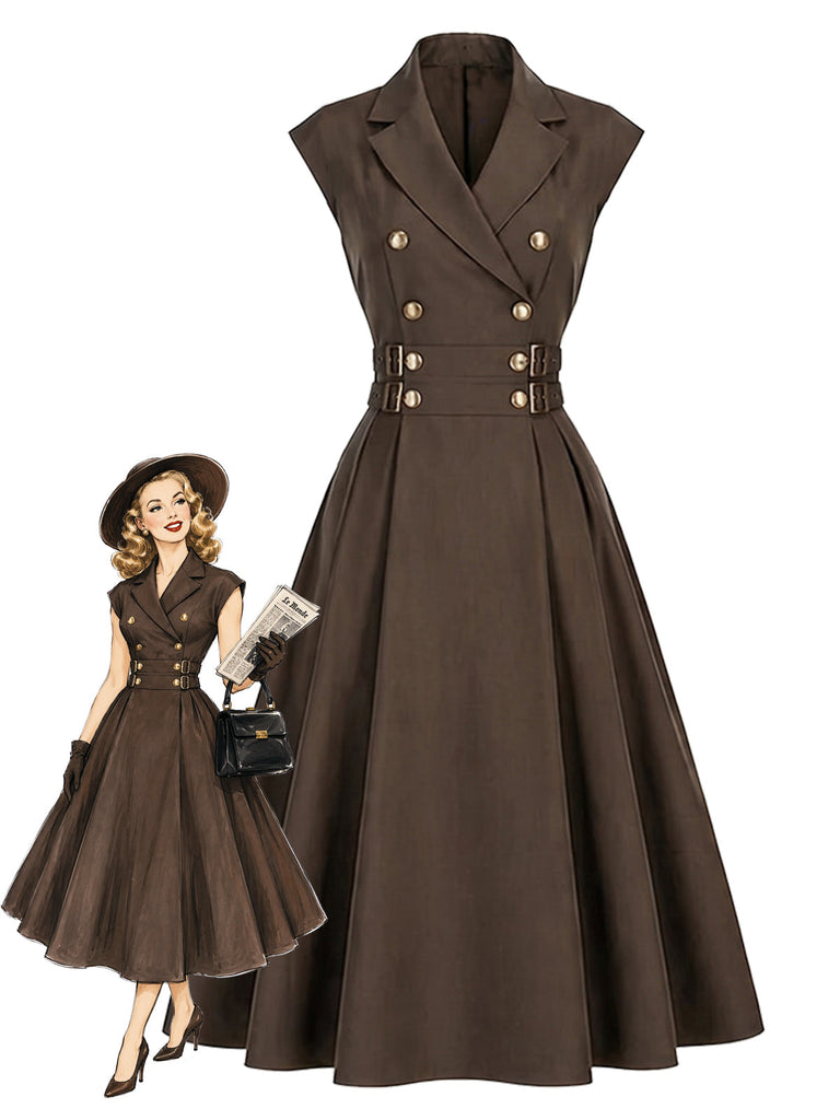 [Prévente] Robe marron à revers, double boutonnage et ceinture Années 1940