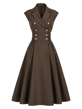 [Prévente] Robe marron à revers, double boutonnage et ceinture Années 1940