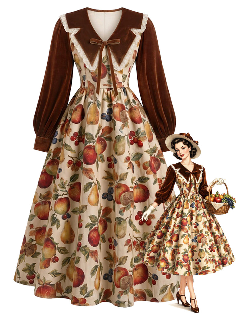 [Prévente] Robe évasée multicolore à imprimé fruits et col Chelsea années 1950 - 1