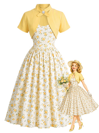 [Prévente] Robe évasée jaune clair à fleurs et nœud avec boléro années 1950