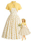 [Prévente] Robe évasée jaune clair à fleurs et nœud avec boléro années 1950