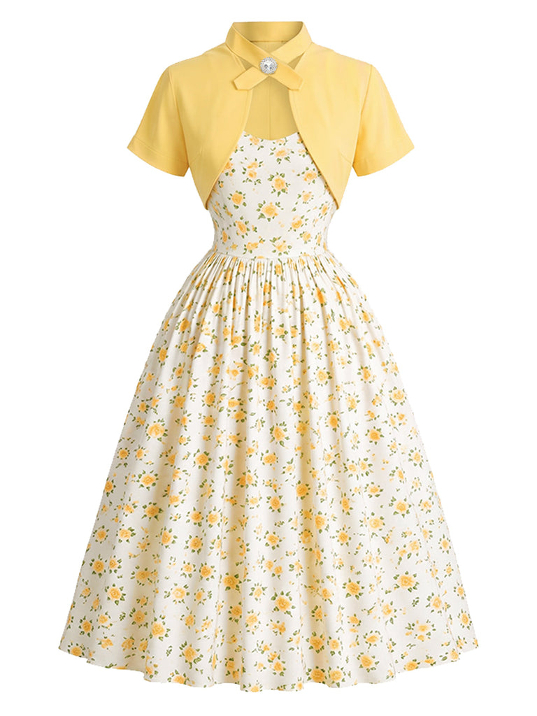 [Prévente] Robe évasée jaune clair à fleurs et nœud avec boléro années 1950