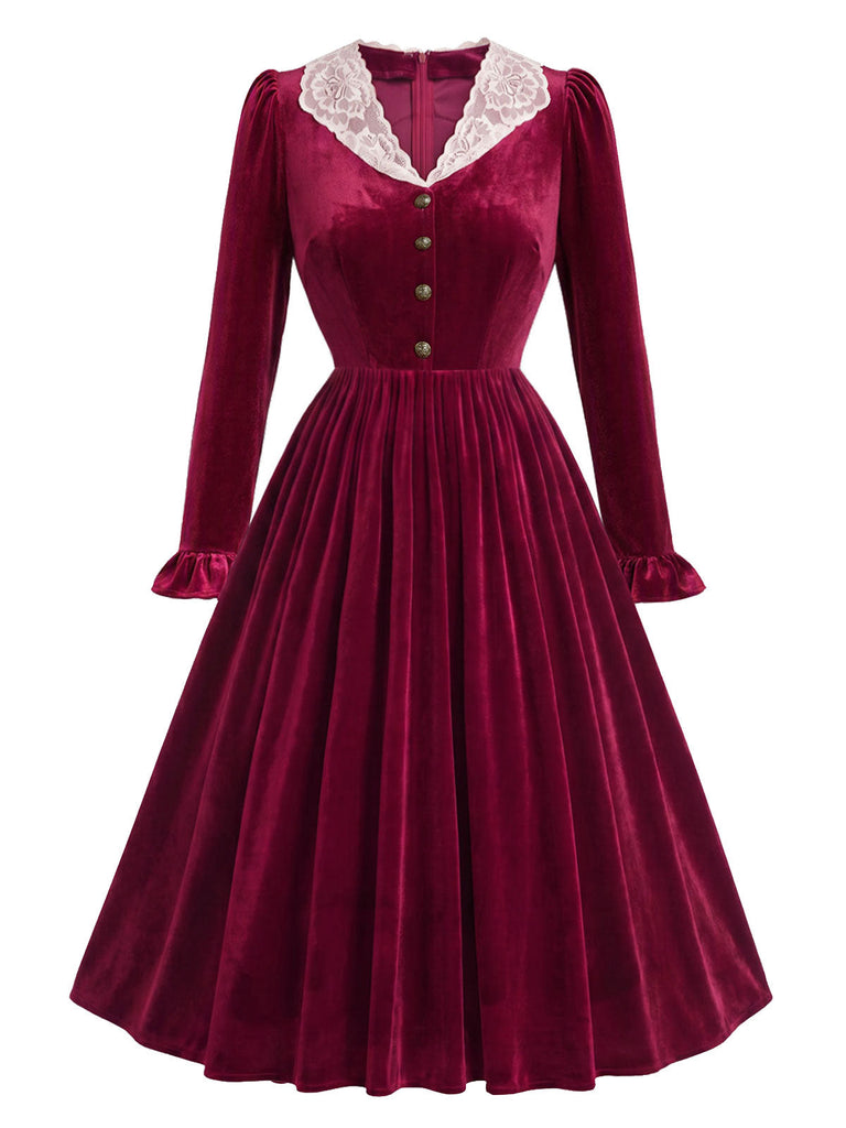 [Prévente] Robe midi lie-de-vin en velours à col en dentelle et poignets volantés années 1950