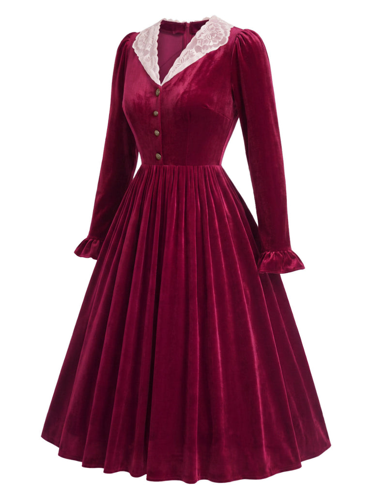 [Prévente] Robe midi lie-de-vin en velours à col en dentelle et poignets volantés années 1950