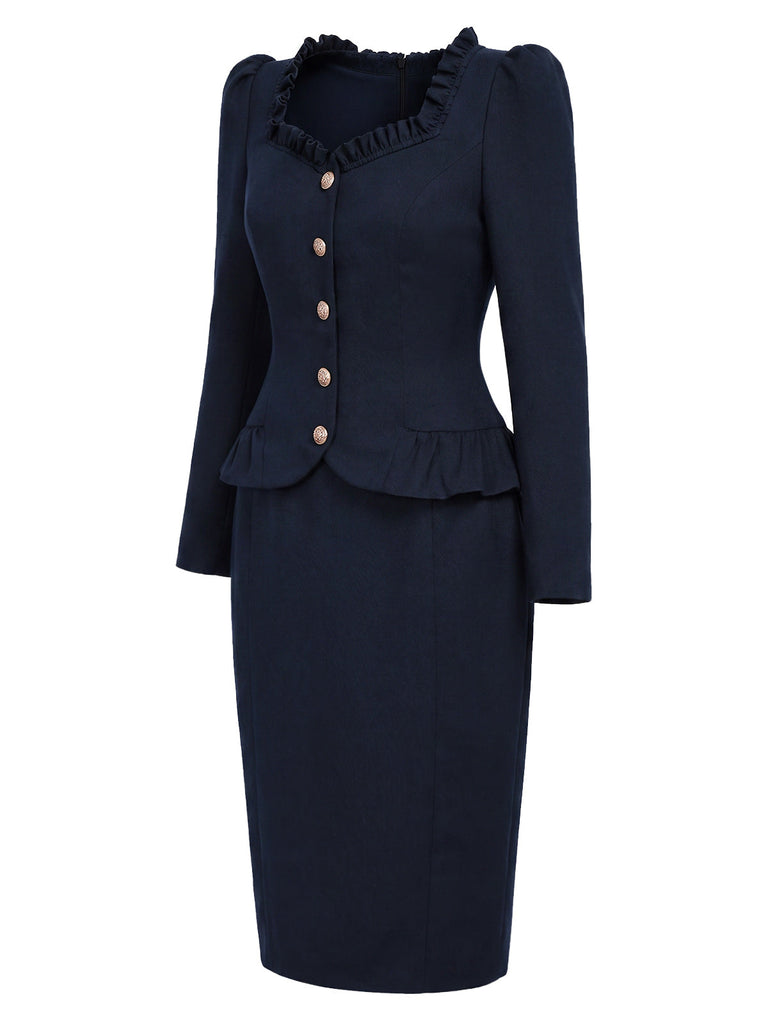 [Prévente] Robe crayon bleu foncé à col volanté et basque blazer années 1950