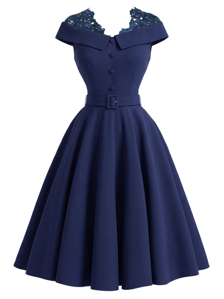 [Prévente] Robe bleue unie épaules dénudées avec empiècements en dentelle années 1950
