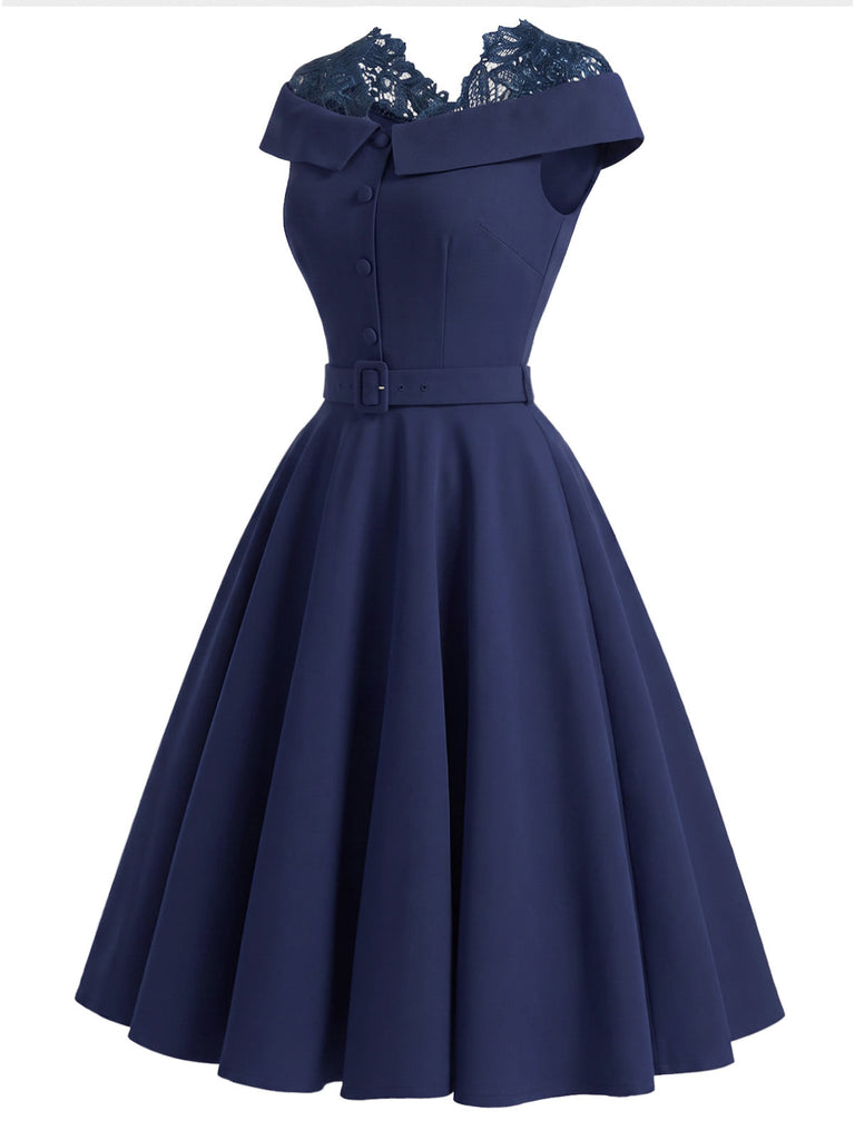 [Prévente] Robe bleue unie épaules dénudées avec empiècements en dentelle années 1950