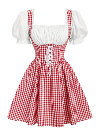Robe rouge et blanche à carreaux vichy, laçage, manches bouffantes et fronces années 1950