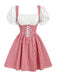 Robe rouge et blanche à carreaux vichy, laçage, manches bouffantes et fronces années 1950