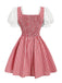 Robe rouge et blanche à carreaux vichy, laçage, manches bouffantes et fronces années 1950