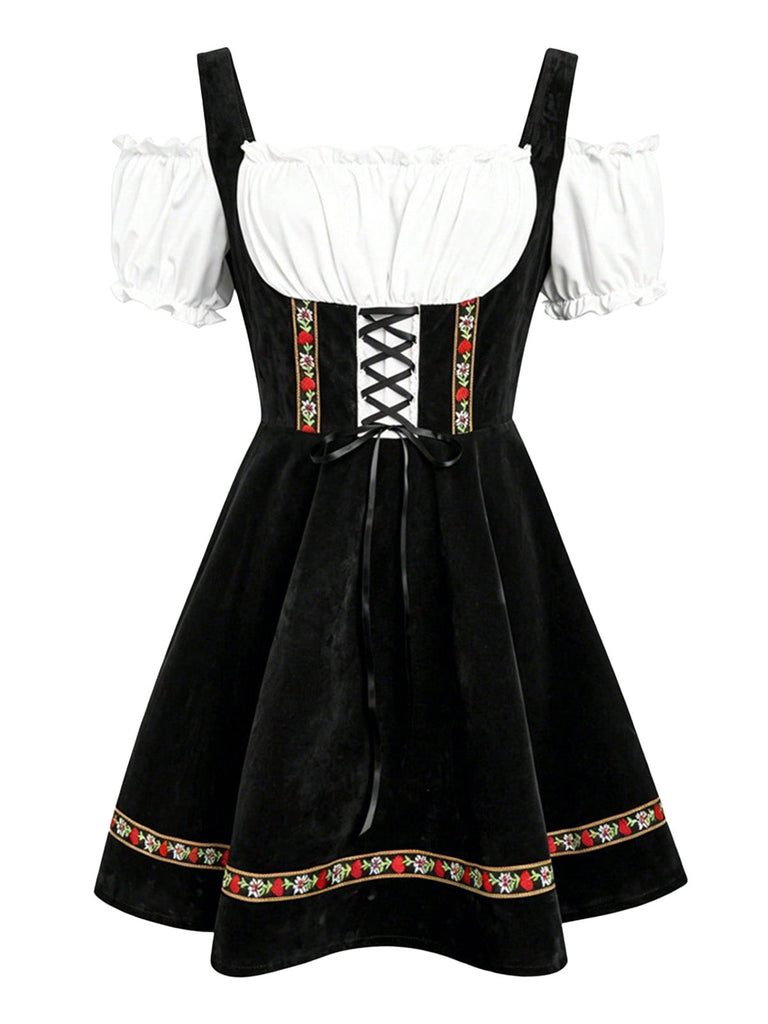 Robe fleurie à épaules dénudées et manches bouffantes années 1950