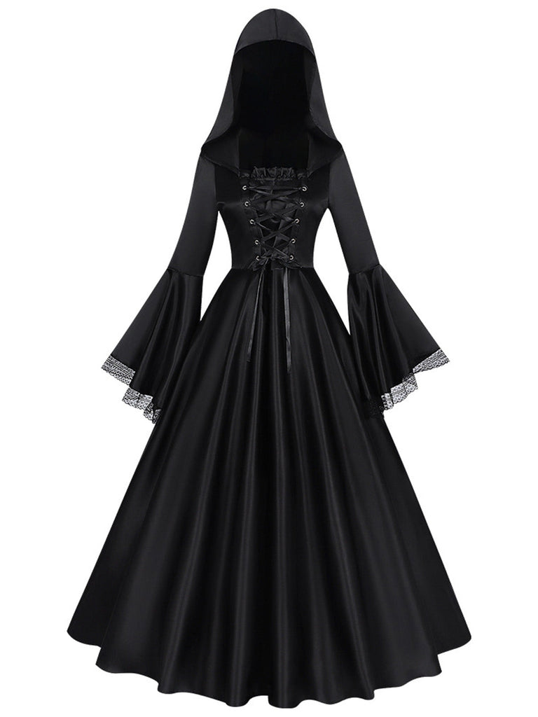 Robe longue noire médiévale à capuche pour cosplay de sorcière années 1970