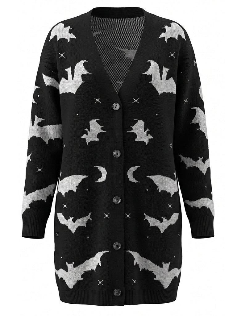 Cardigan long d’Halloween à imprimé chauve-souris et lune années 1970
