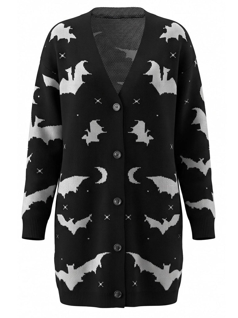 Long gilet d'Halloween motif chauve-souris et lune années 70