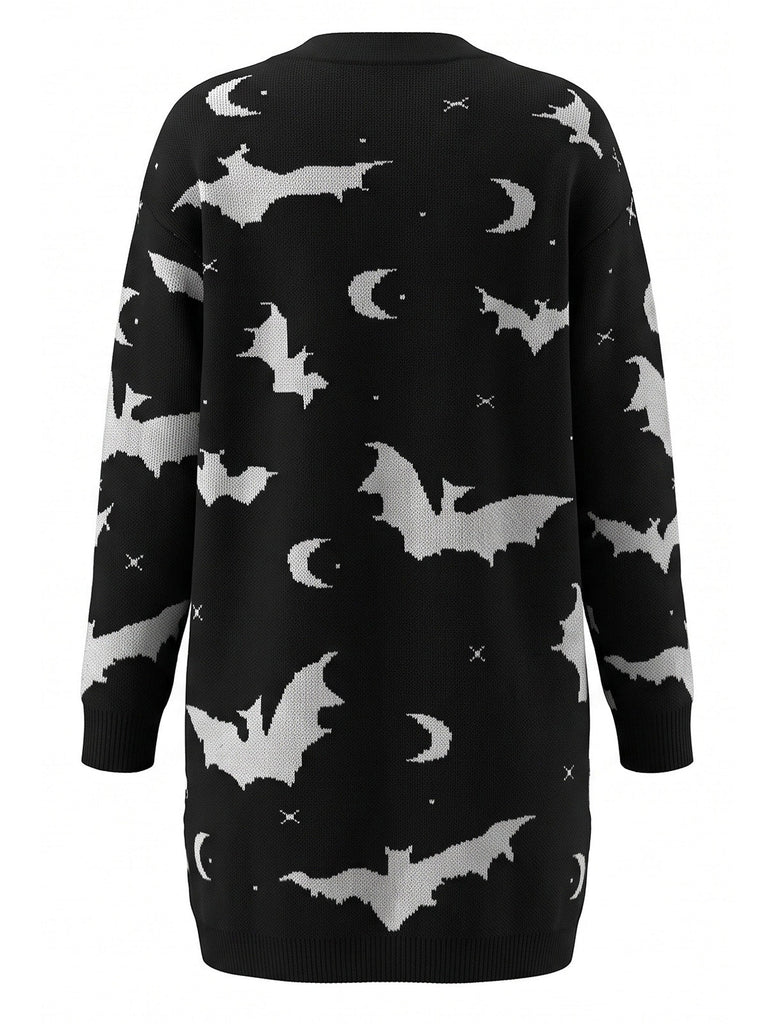 Cardigan long d’Halloween à imprimé chauve-souris et lune années 1970