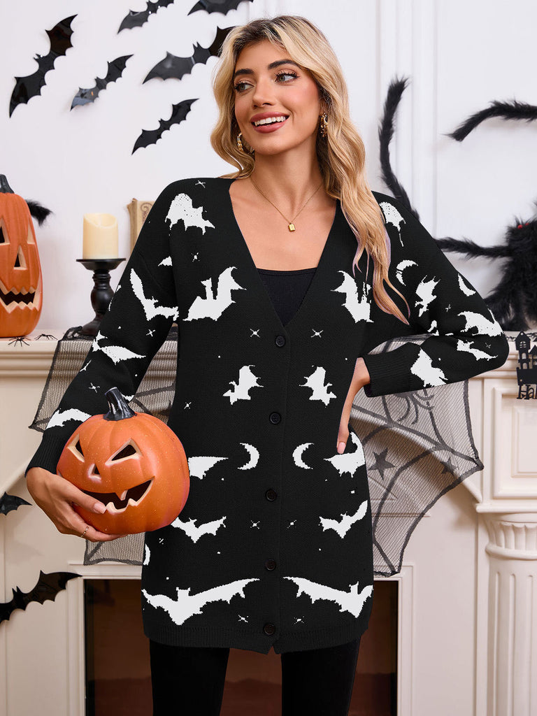 Cardigan long d’Halloween à imprimé chauve-souris et lune années 1970