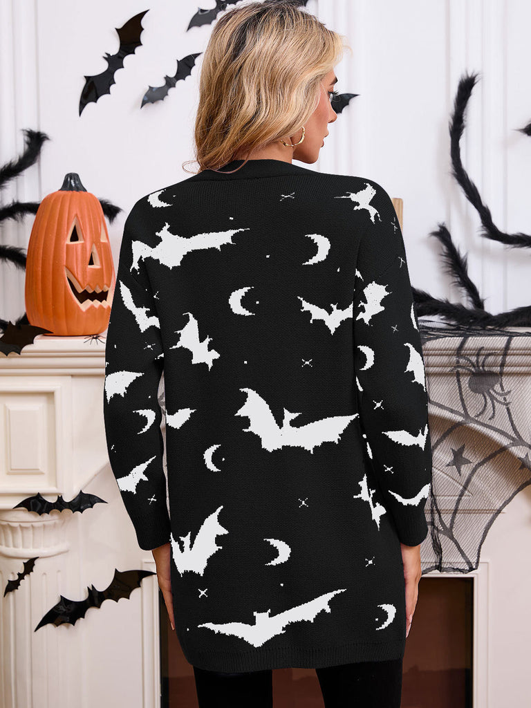 Cardigan long d’Halloween à imprimé chauve-souris et lune années 1970