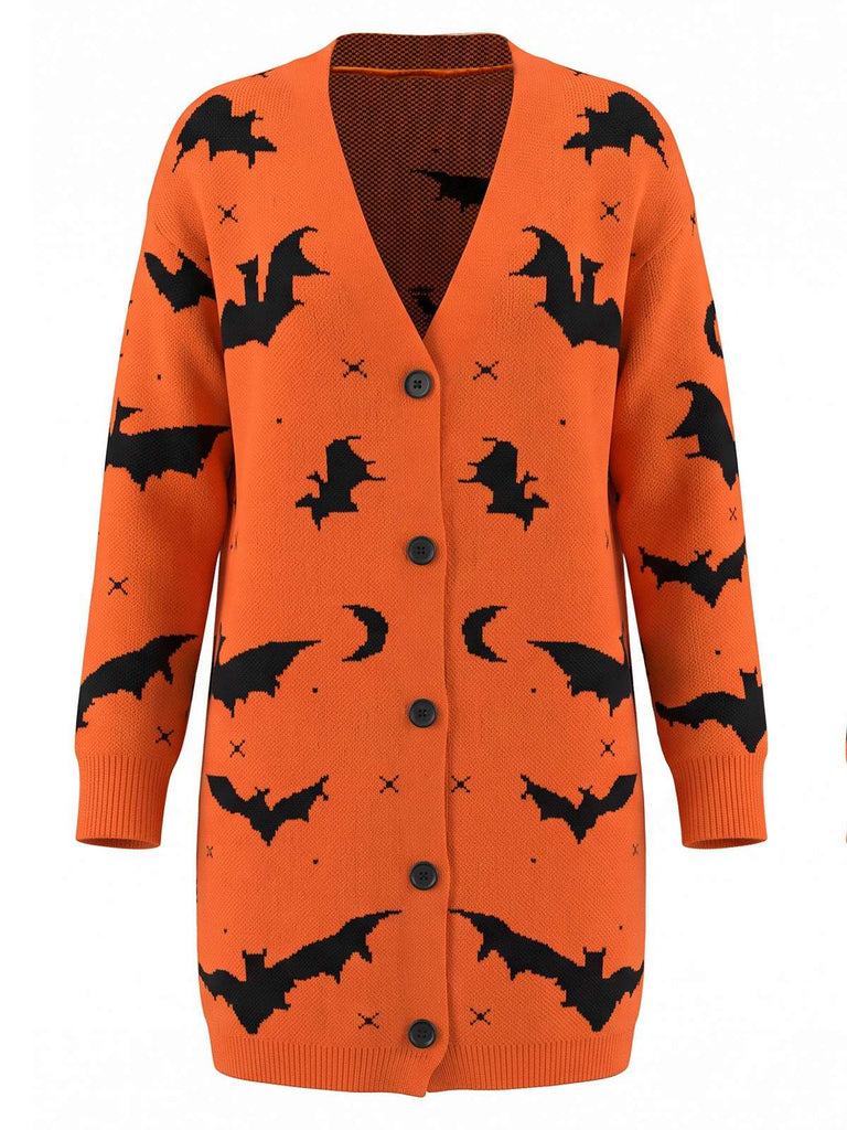 Long gilet d'Halloween motif chauve-souris et lune années 70