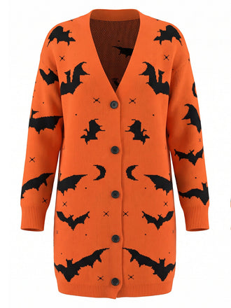 Cardigan long d’Halloween à imprimé chauve-souris et lune années 1970