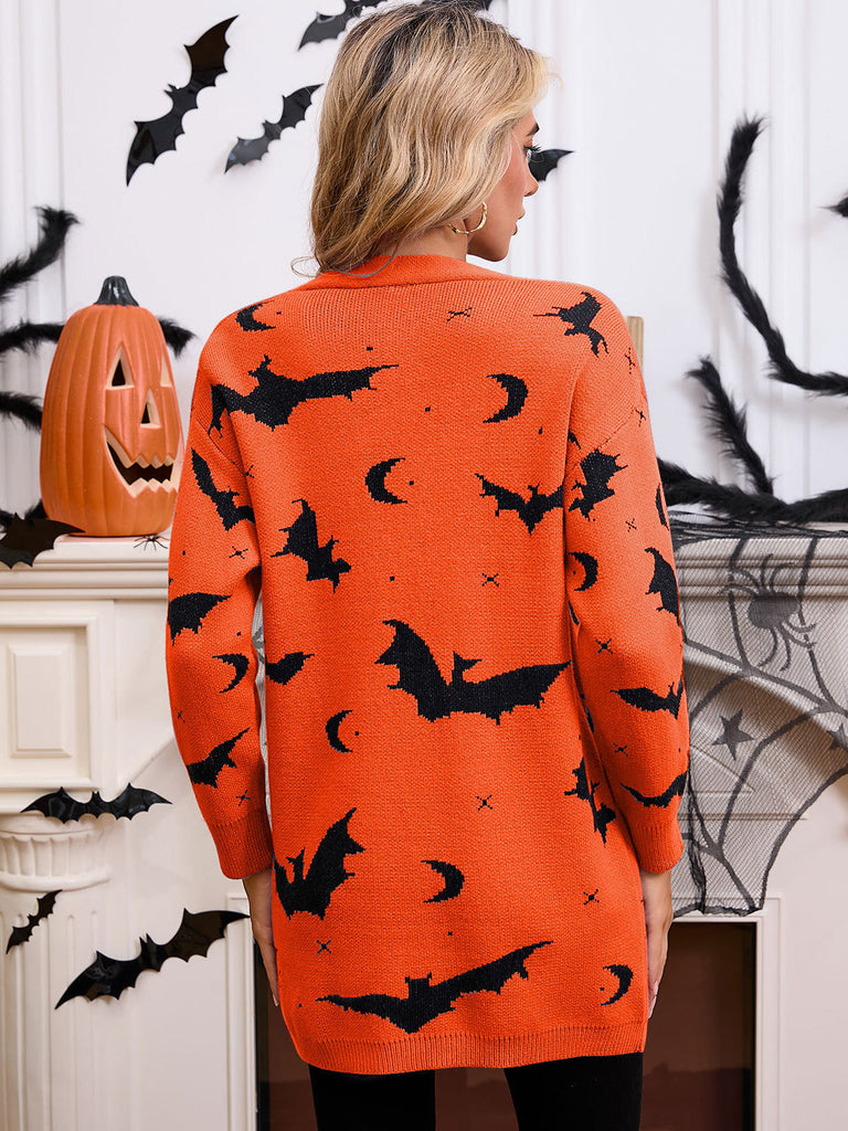 Cardigan long d’Halloween à imprimé chauve-souris et lune années 1970