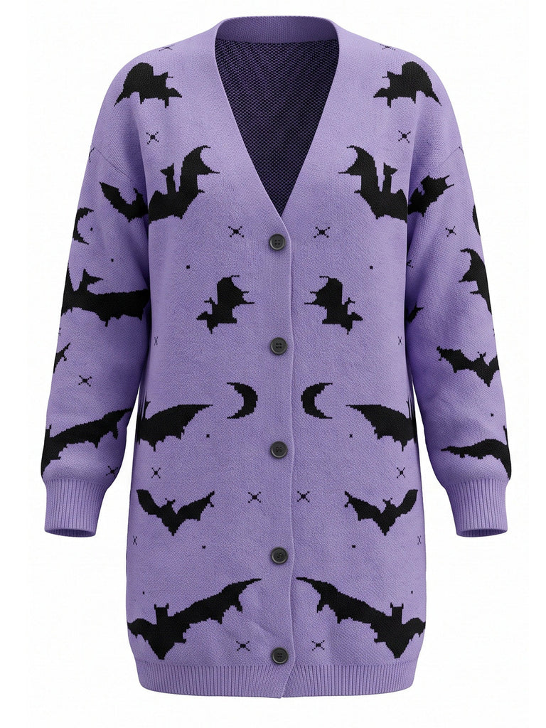 Cardigan long d’Halloween à imprimé chauve-souris et lune années 1970
