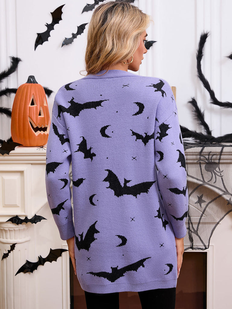 Cardigan long d’Halloween à imprimé chauve-souris et lune années 1970
