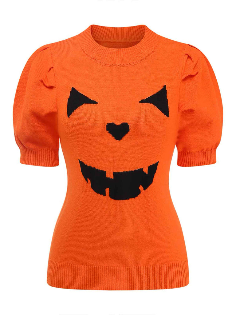 Pull orange en maille à visage de citrouille d’Halloween années 1970
