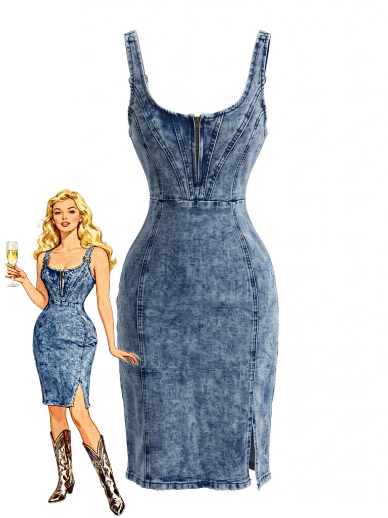 Robe moulante en denim à col U et fente années 1970