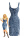 Robe moulante en denim à col U et fente années 1970