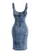 Robe moulante en denim à col U et fente années 1970