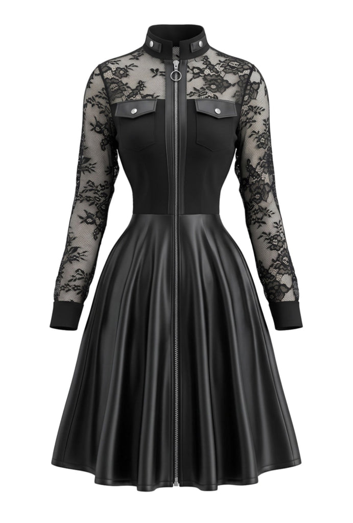 Robe noire en cuir et dentelle à manches longues Années 1980
