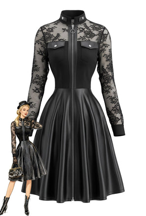 Robe noire en cuir et dentelle à manches longues Années 1980