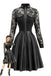Robe noire en cuir et dentelle à manches longues Années 1980