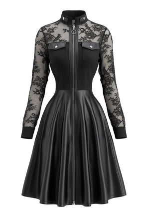 Robe noire en cuir et dentelle à manches longues Années 1980