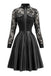 Robe noire en cuir et dentelle à manches longues Années 1980