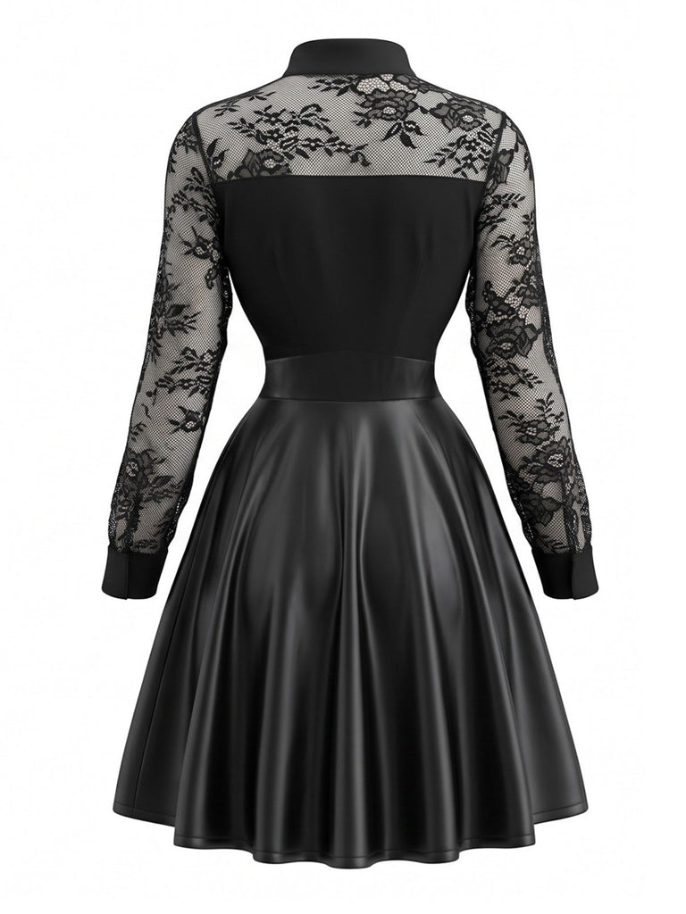 Robe noire en cuir et dentelle à manches longues Années 1980