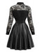 Robe noire en cuir et dentelle à manches longues Années 1980