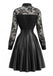 Robe noire en cuir et dentelle à manches longues Années 1980