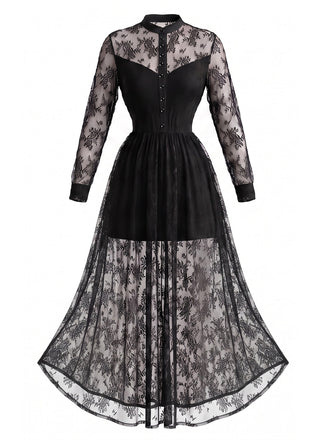 Robe longue gothique noire en dentelle florale à col montant années 1970