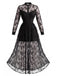 Robe longue gothique noire en dentelle florale à col montant années 1970
