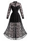 Robe longue noire gothique dentelle florale col montant années 70