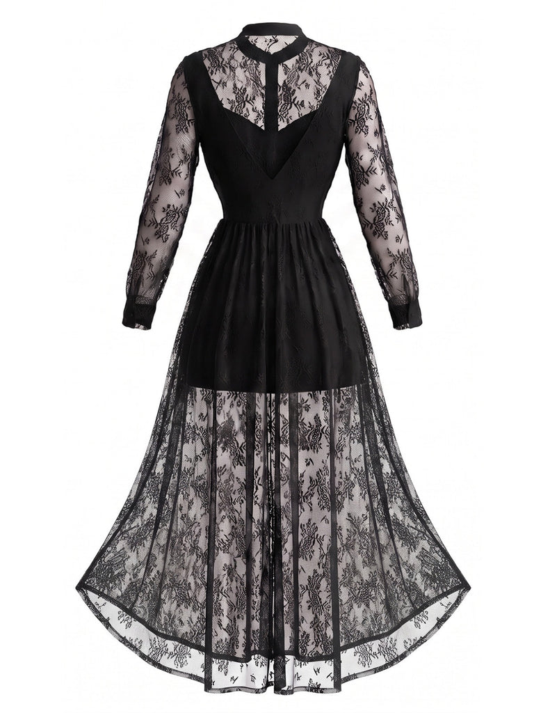 Robe longue gothique noire en dentelle florale à col montant années 1970