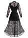 Robe longue gothique noire en dentelle florale à col montant années 1970