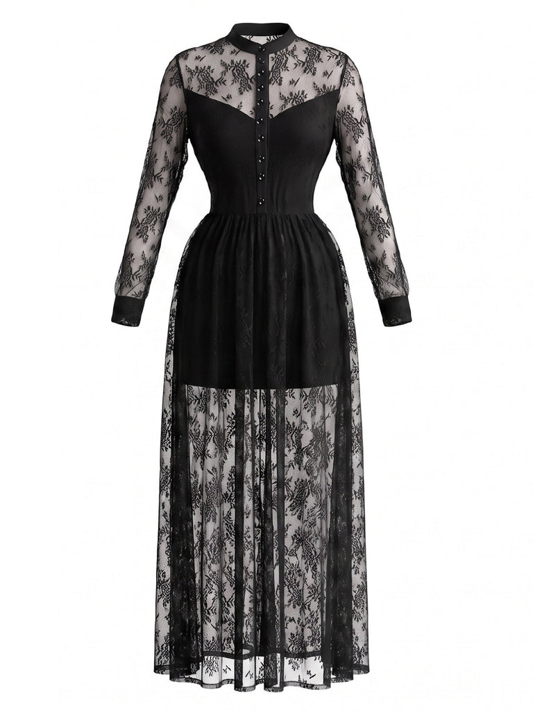 Robe longue gothique noire en dentelle florale à col montant années 1970