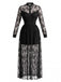 Robe longue gothique noire en dentelle florale à col montant années 1970