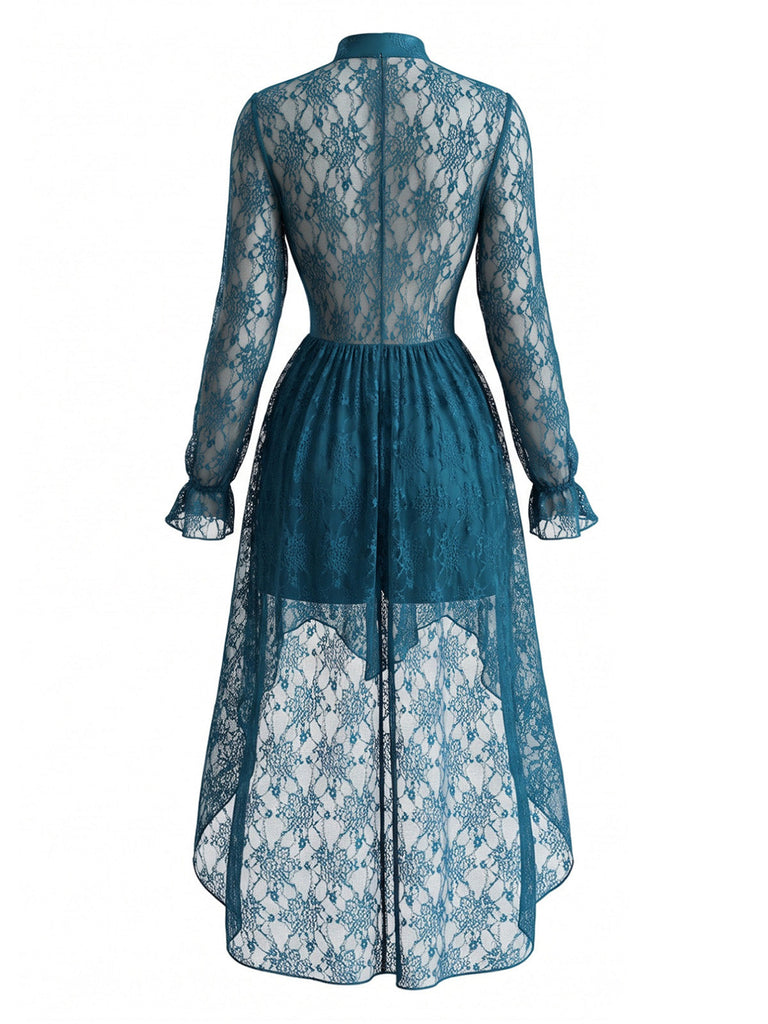 Robe bleu foncé à col V, dentelle, manches longues et ourlet asymétrique années 1970
