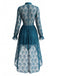 Robe bleu foncé à col V, dentelle, manches longues et ourlet asymétrique années 1970