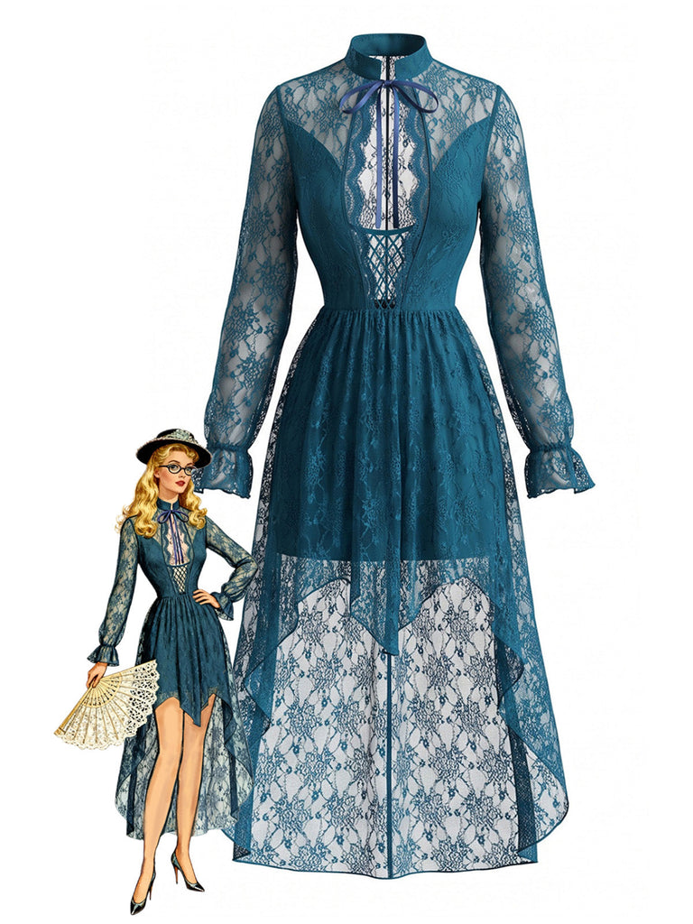 Robe bleu foncé à col V, dentelle, manches longues et ourlet asymétrique années 1970