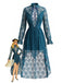 Robe bleu foncé à col V, dentelle, manches longues et ourlet asymétrique années 1970